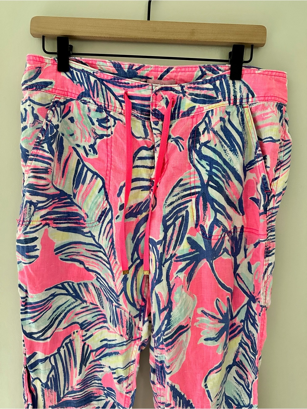 Lilly Pulitzer Pink Tropical Leaf 100% Linen Trouser Pants with Drawstring - Picture 4 of 12